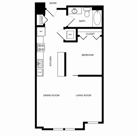 Floor plan for 1 bed, 1 bath, 685 sqft